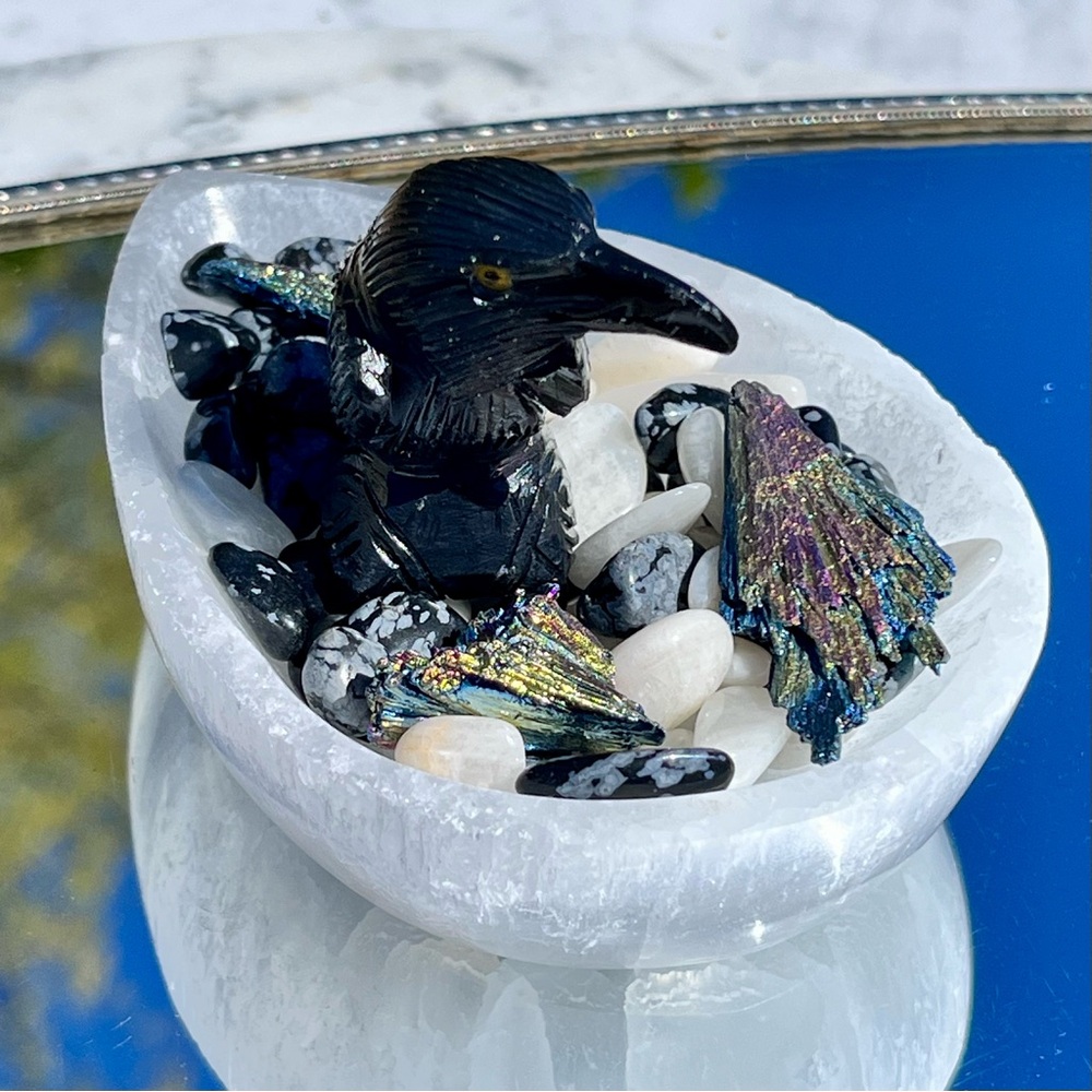 Black Obsidian Raven / Crow, Selenite Teardrop Bowl, Snowflake Obsidian Kyanite - Picture 13 of 15